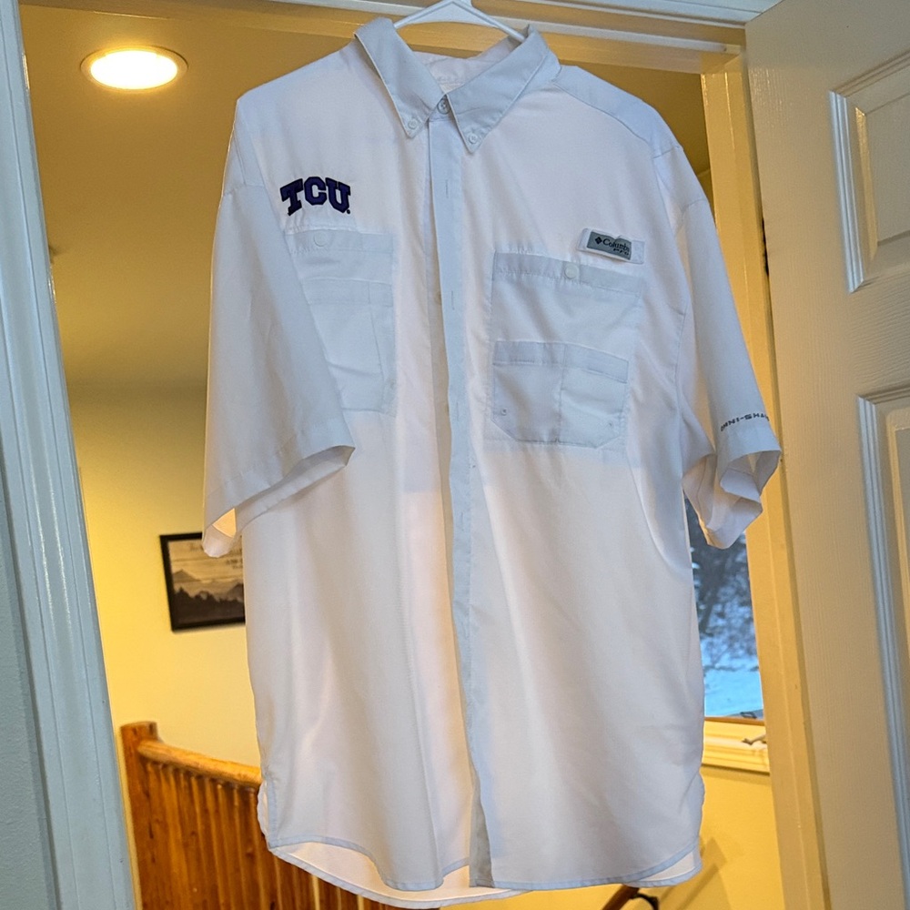 Columbia White Men's Casual Button Down Shirt with TCU Logo